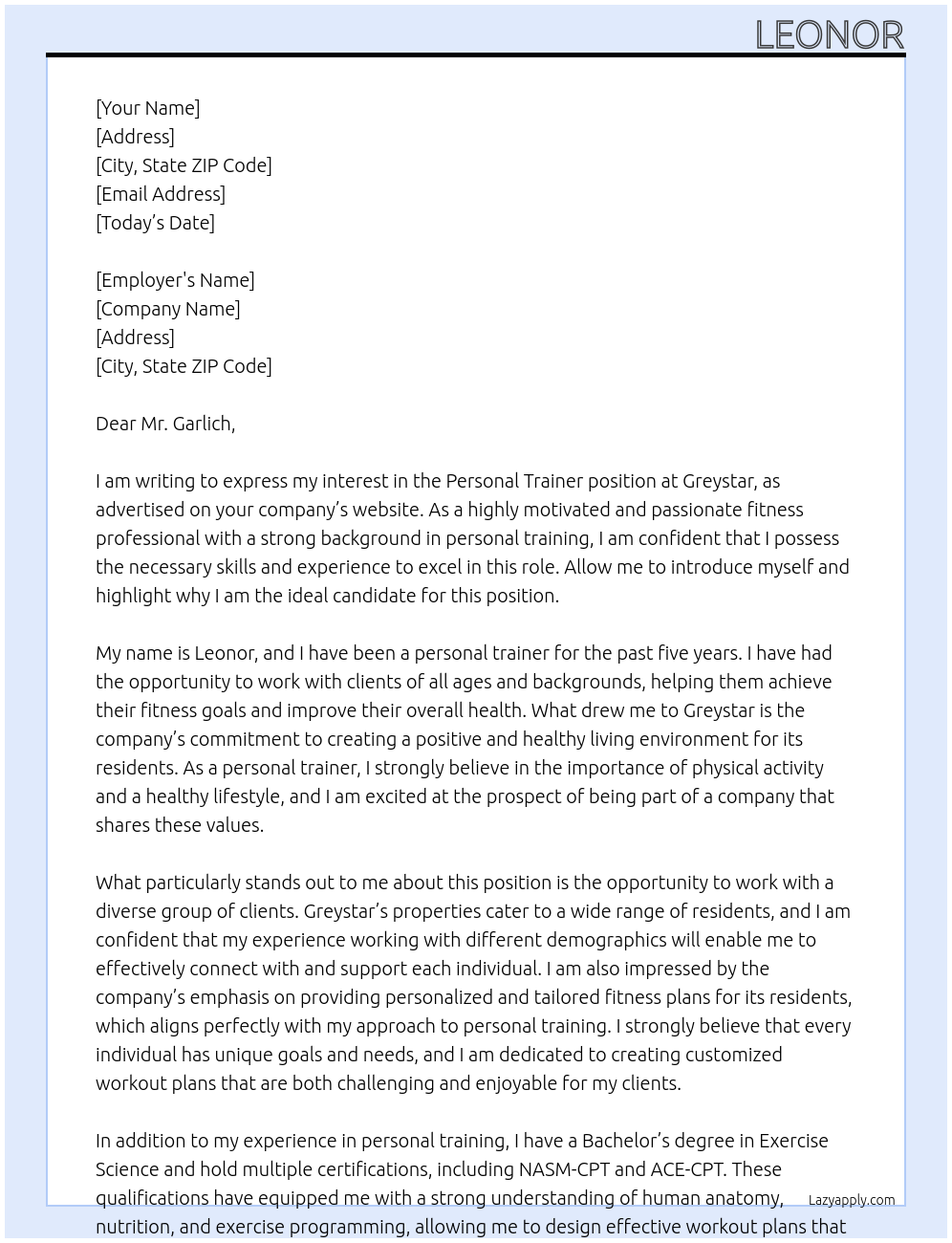 Personal Trainer At Greystar Cover Letter