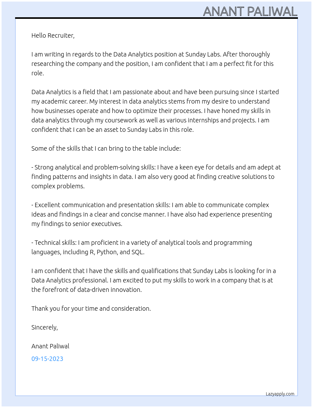 Data Analytics  At Sunday Labs Cover Letter