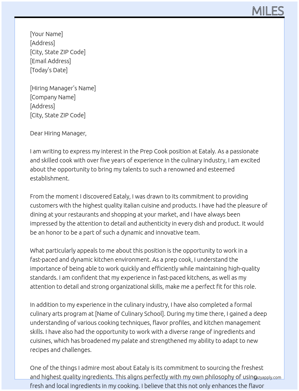 Prep Cook At Eataly Cover Letter