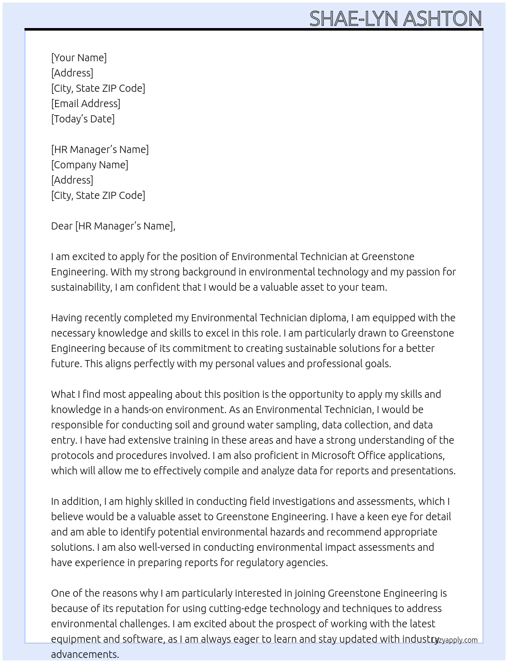 Environmental Technician  At Greenstone Engineering  Cover Letter