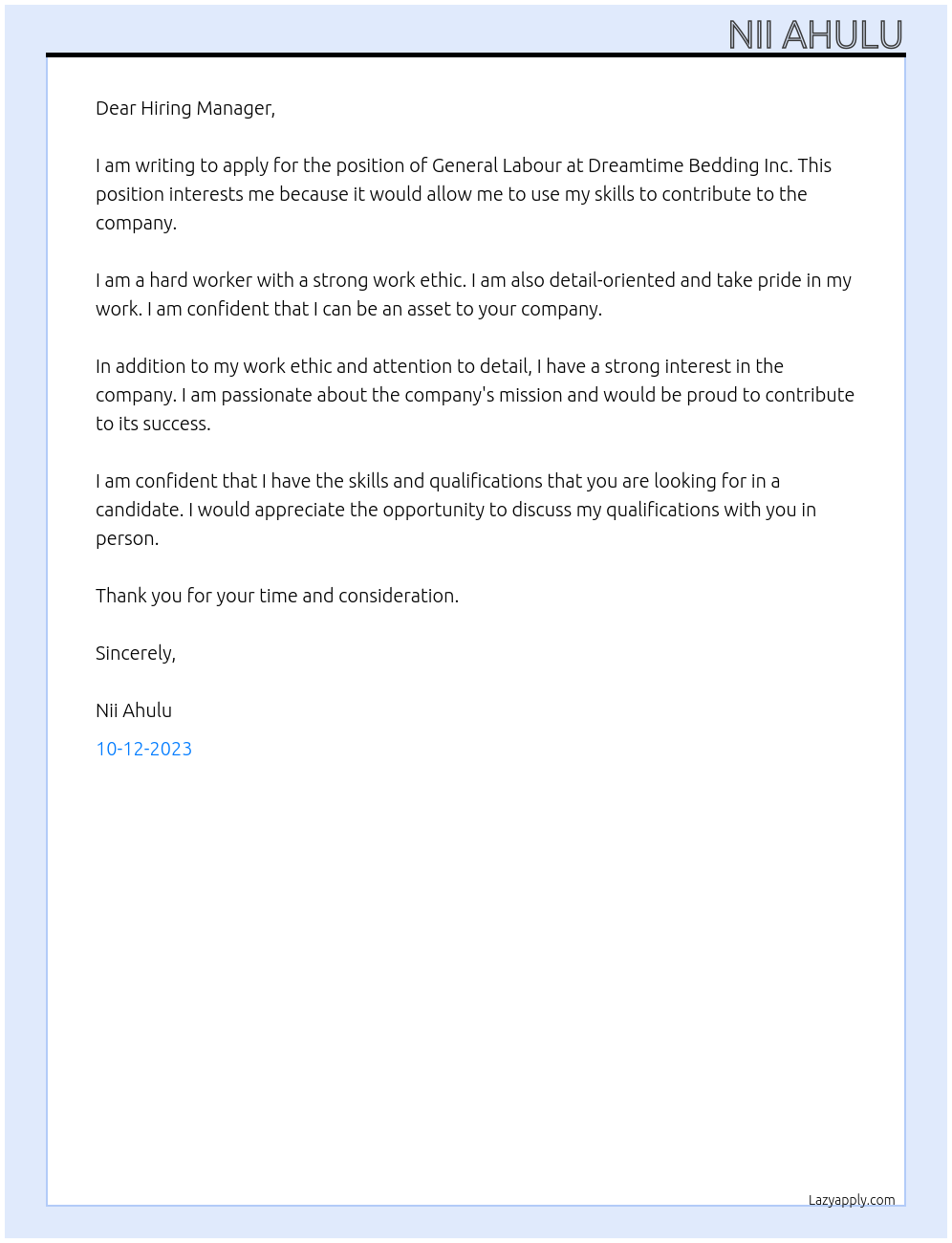 General labour At Dreamtime bedding Inc Cover Letter