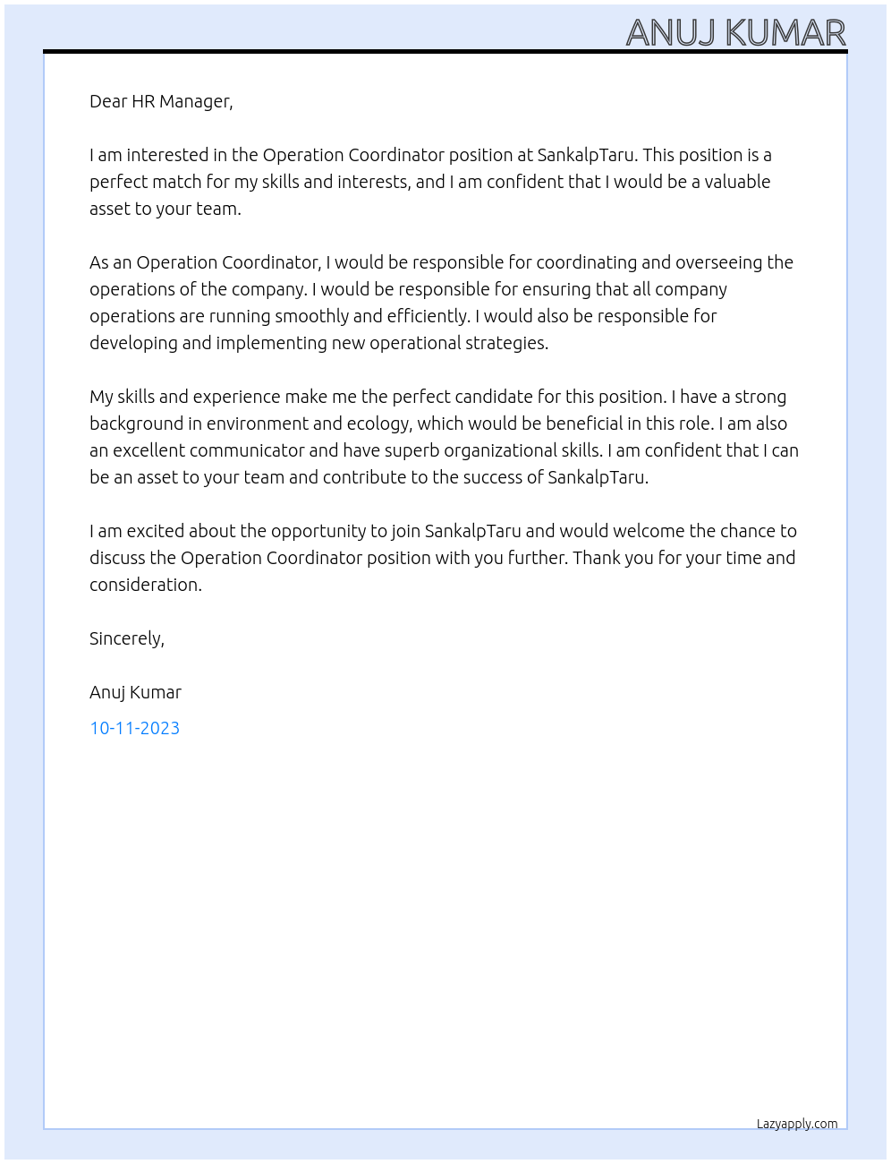 Operation Coordinator At SankalpTaru Cover Letter