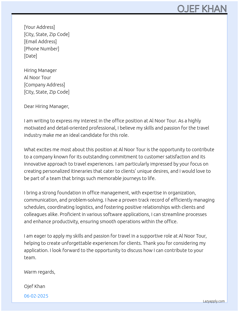 Cover letter for office - LazyApply