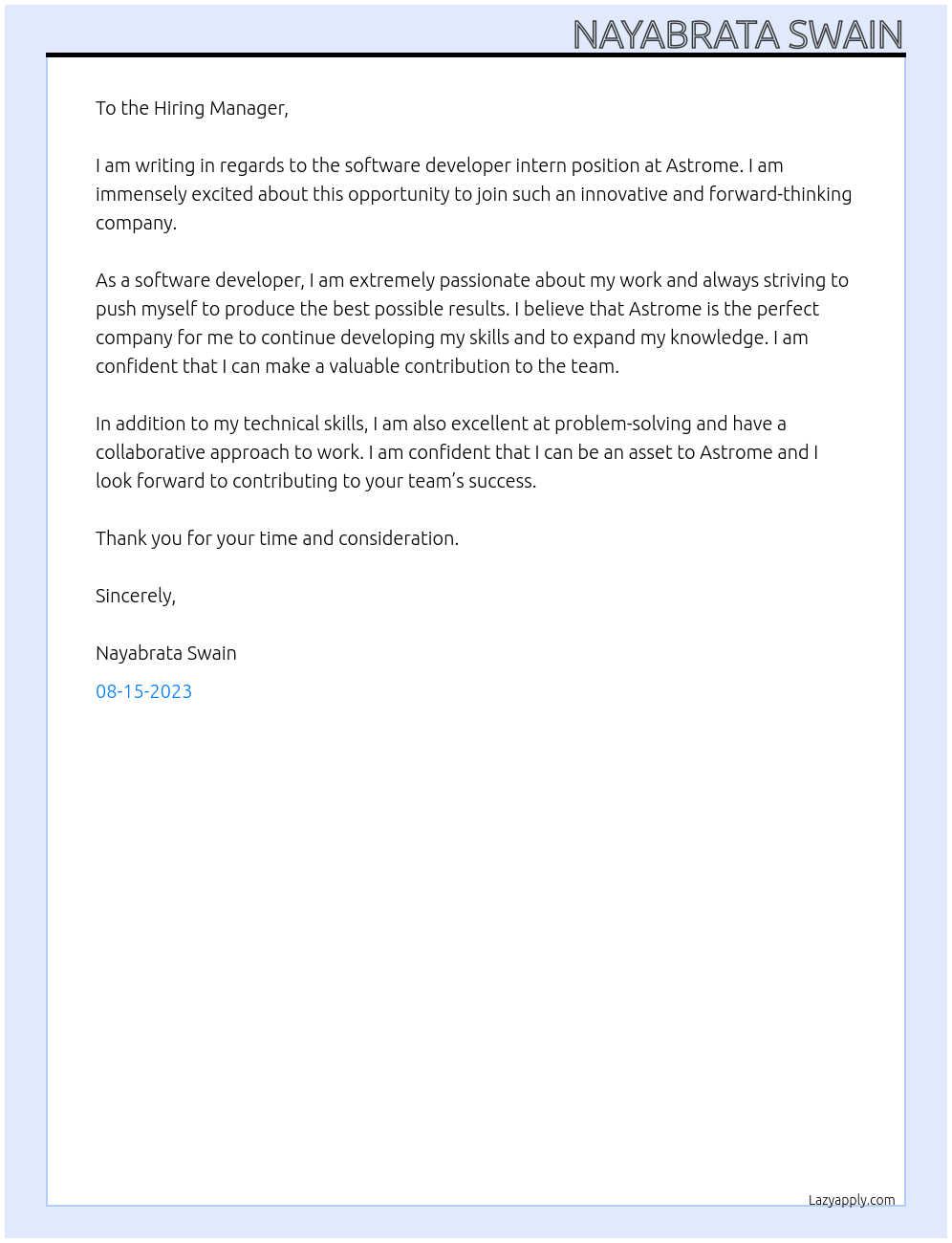 software developer intern At Astrome Cover Letter