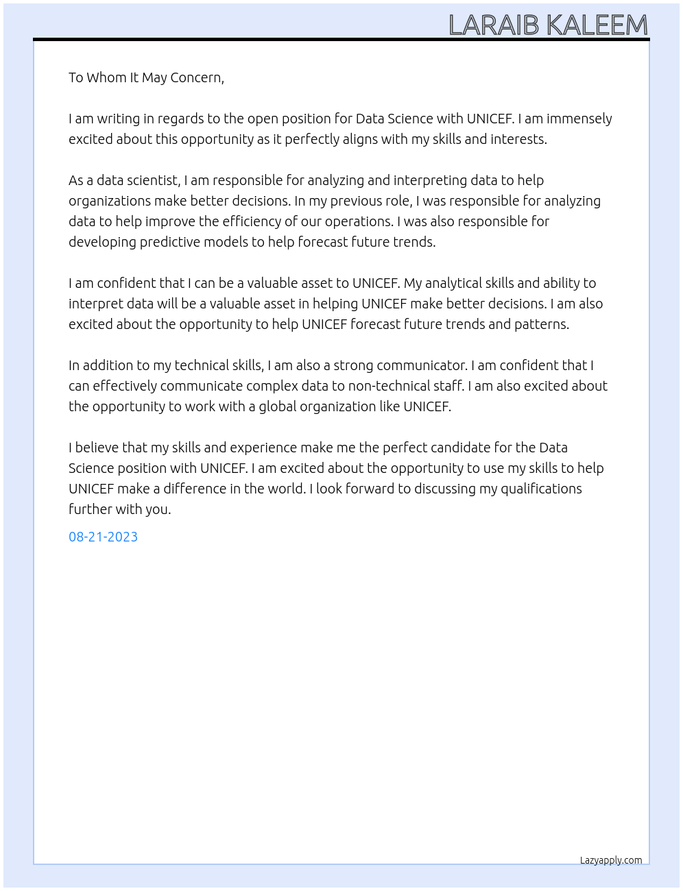 data science At unicef Cover Letter