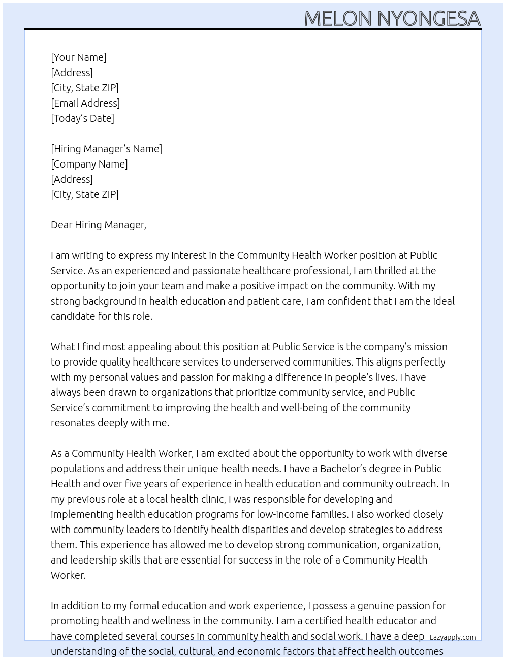 Community health worker At Public service Cover Letter