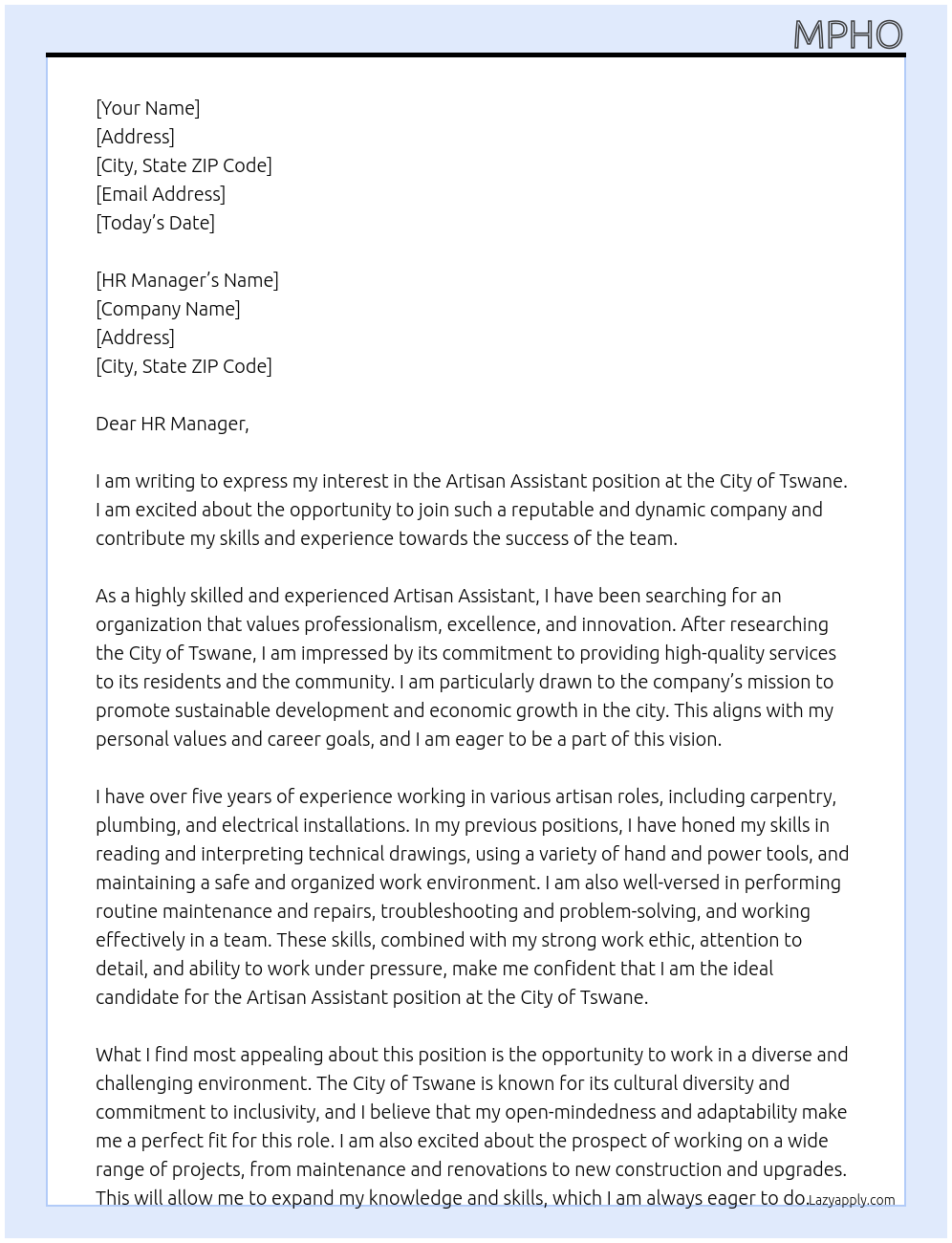 Artisan Assistant At city of tswane Cover Letter