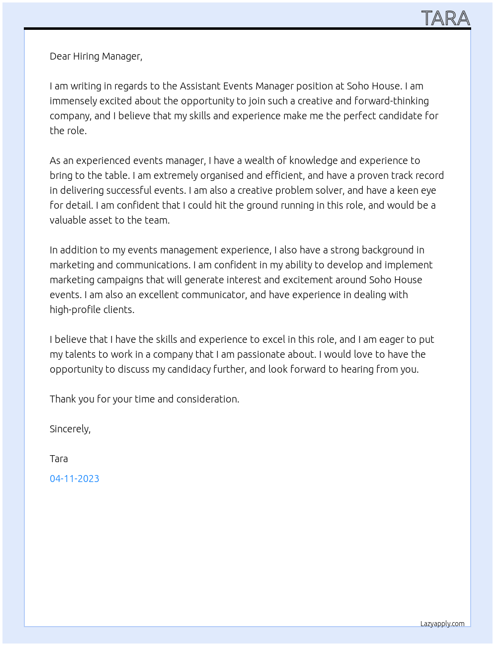 Assistant Events Manager - At Soho House  Cover Letter