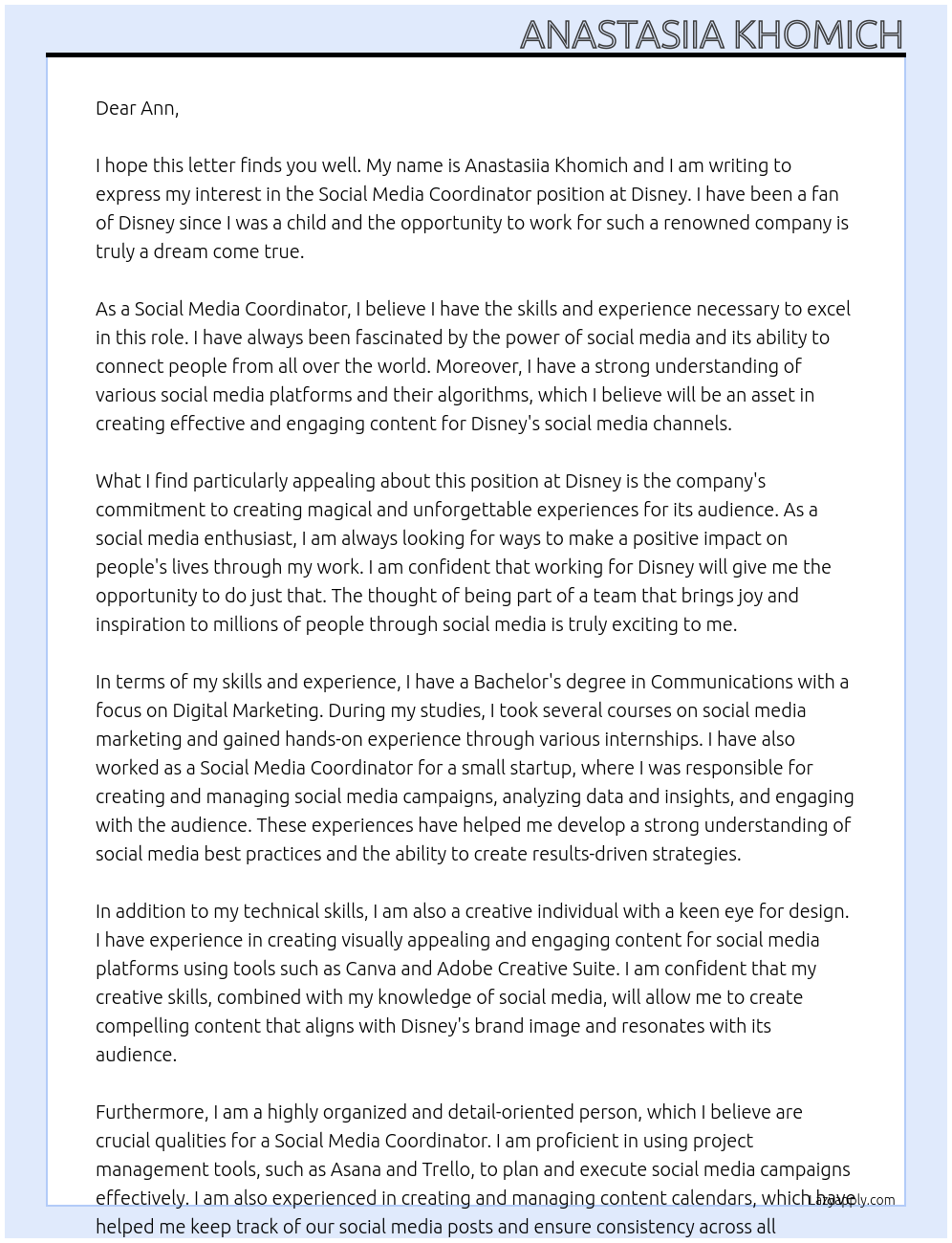 Social Media Coordinator At Disney Cover Letter