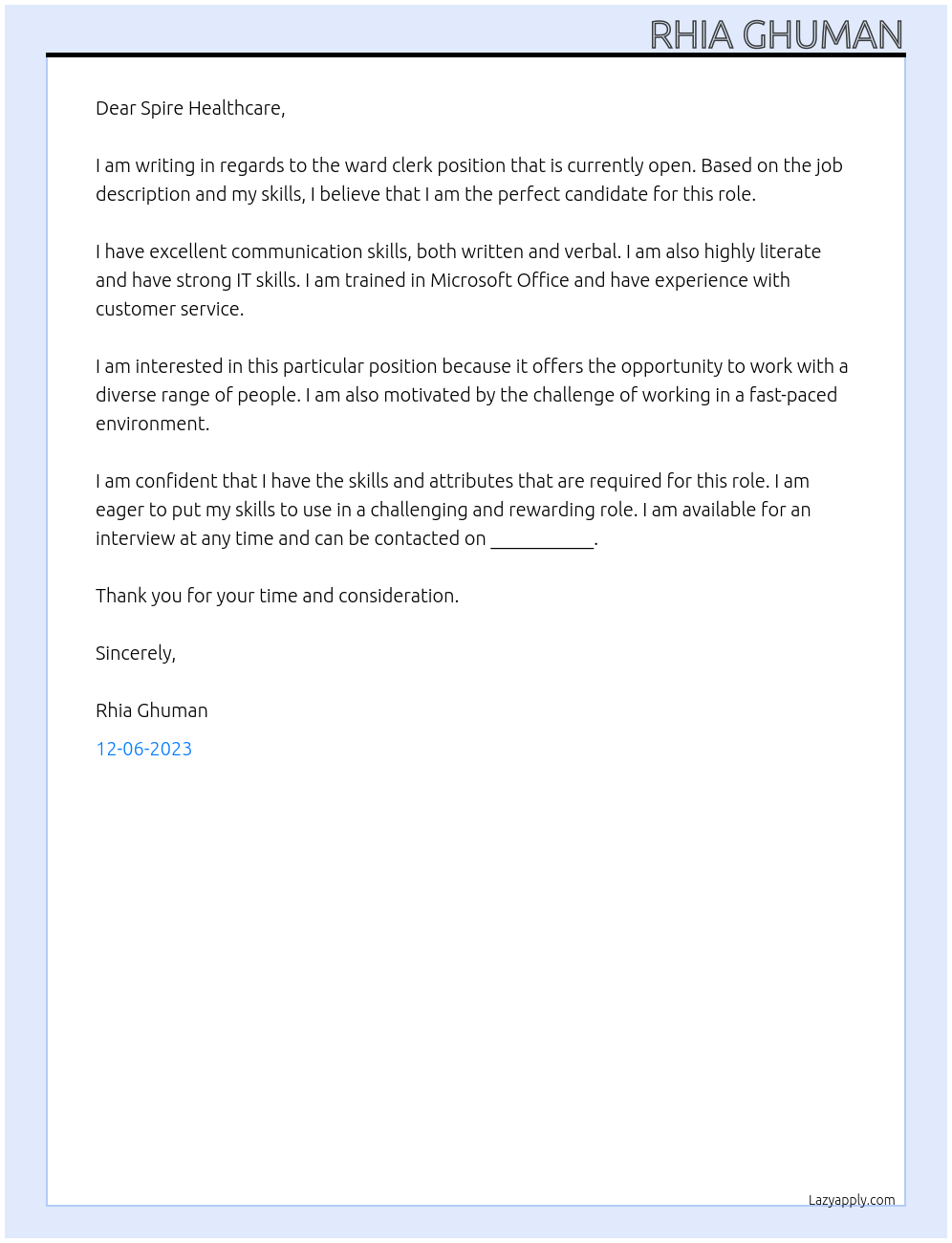 ward clerk At spire healthcare Cover Letter