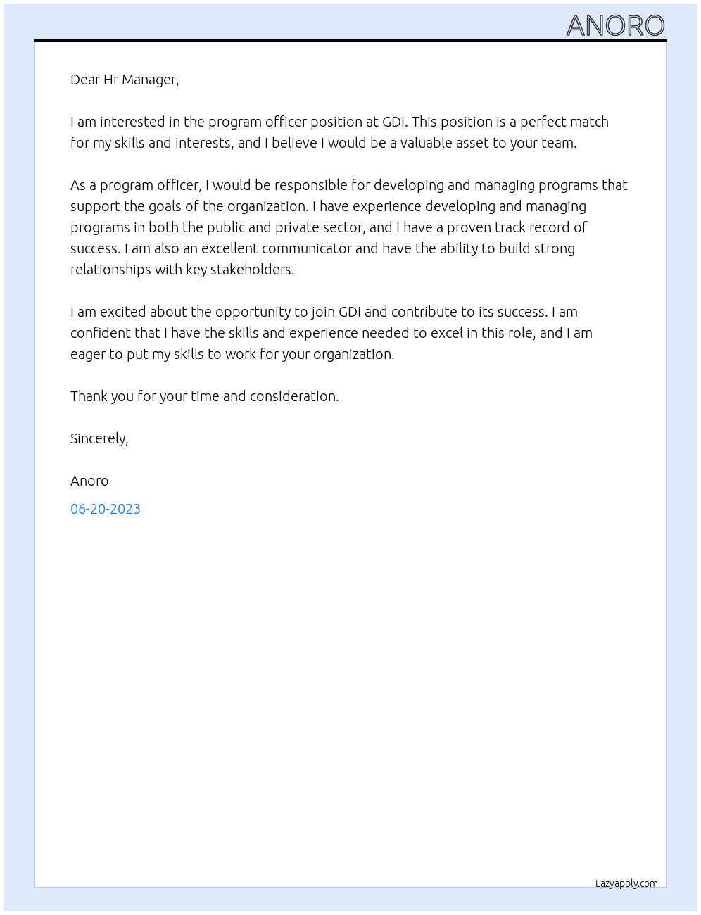 program officer At GDI Cover Letter