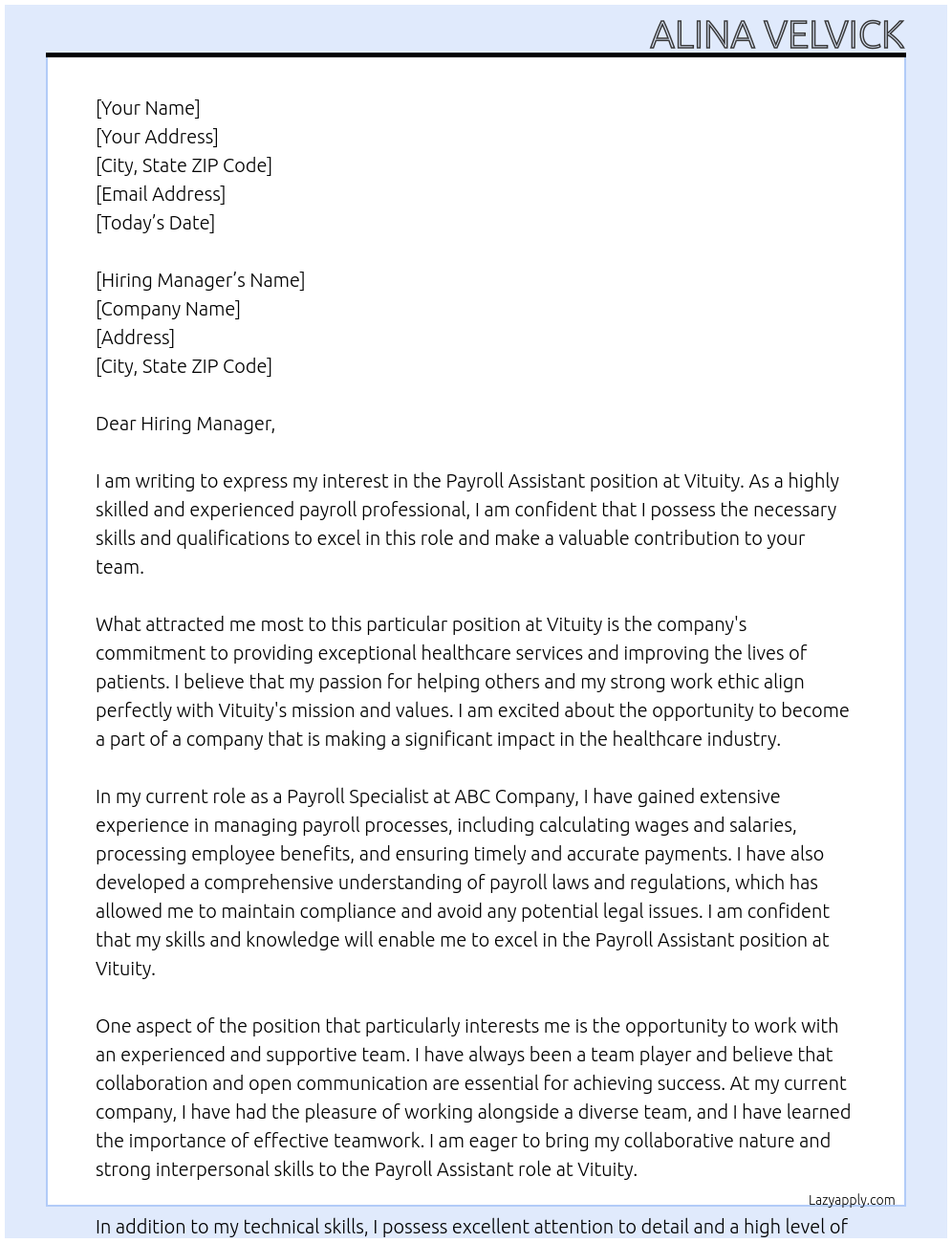 Payroll Assistant At Vituity Cover Letter