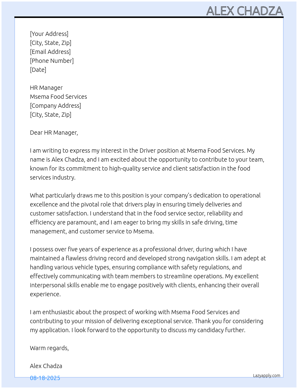 Driver  At Msema food services Cover Letter