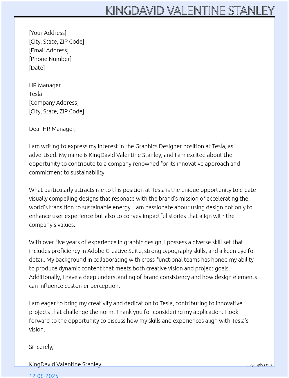 Graphics Designer At Tesla Cover Letter