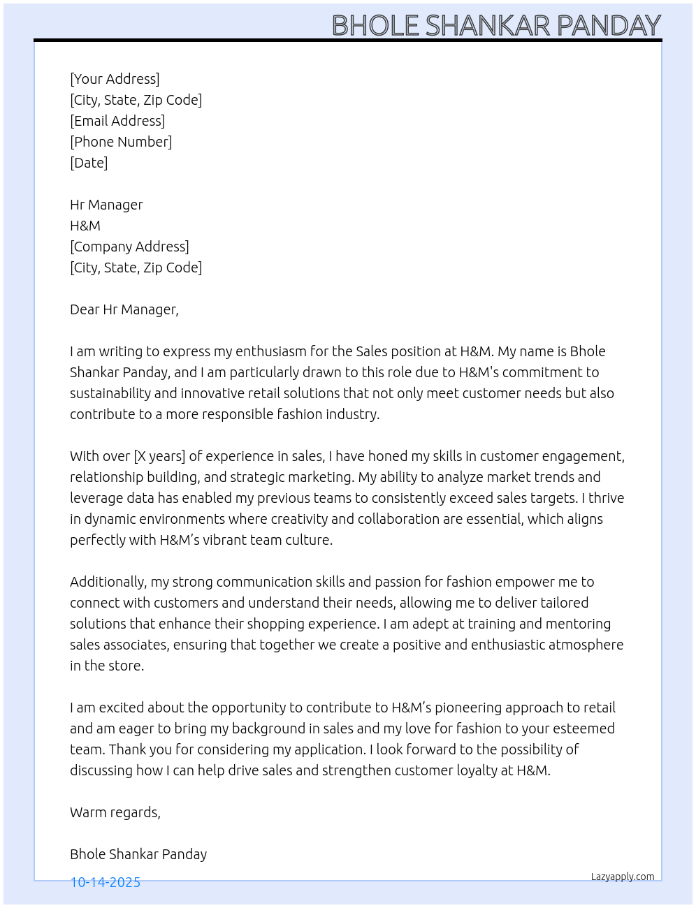 Sales At H&m Cover Letter