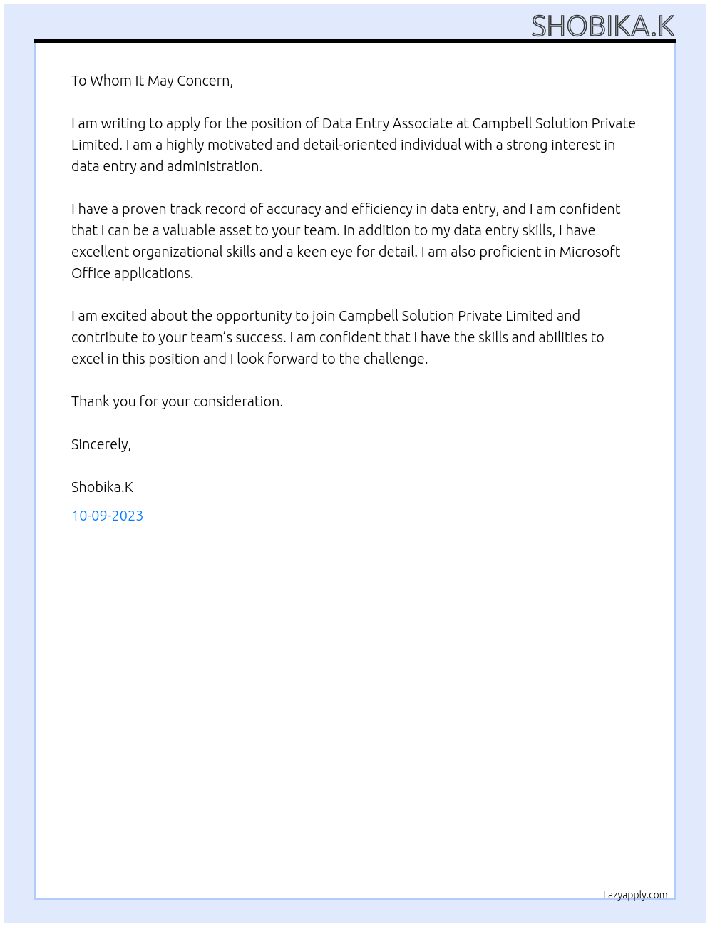 Data Entry Associate At Campbell Solution Private Limited Cover Letter