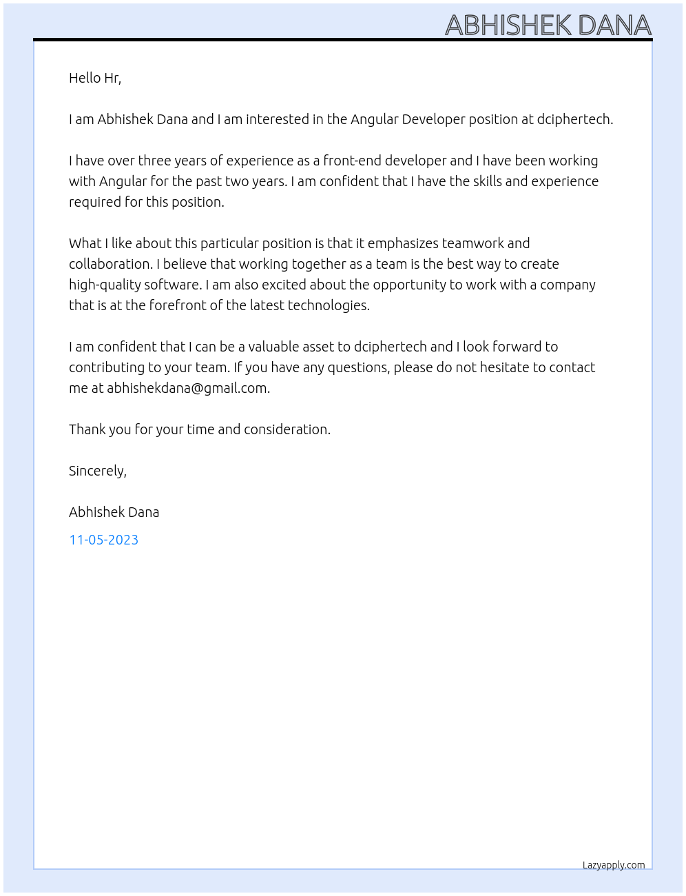 Angular Developer At dciphertech Cover Letter