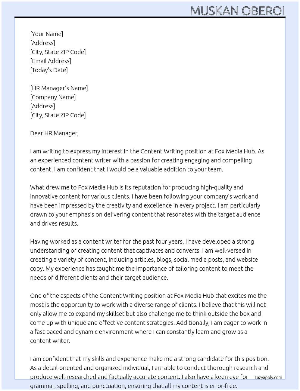 Content Writing At Fox Media Hub Cover Letter