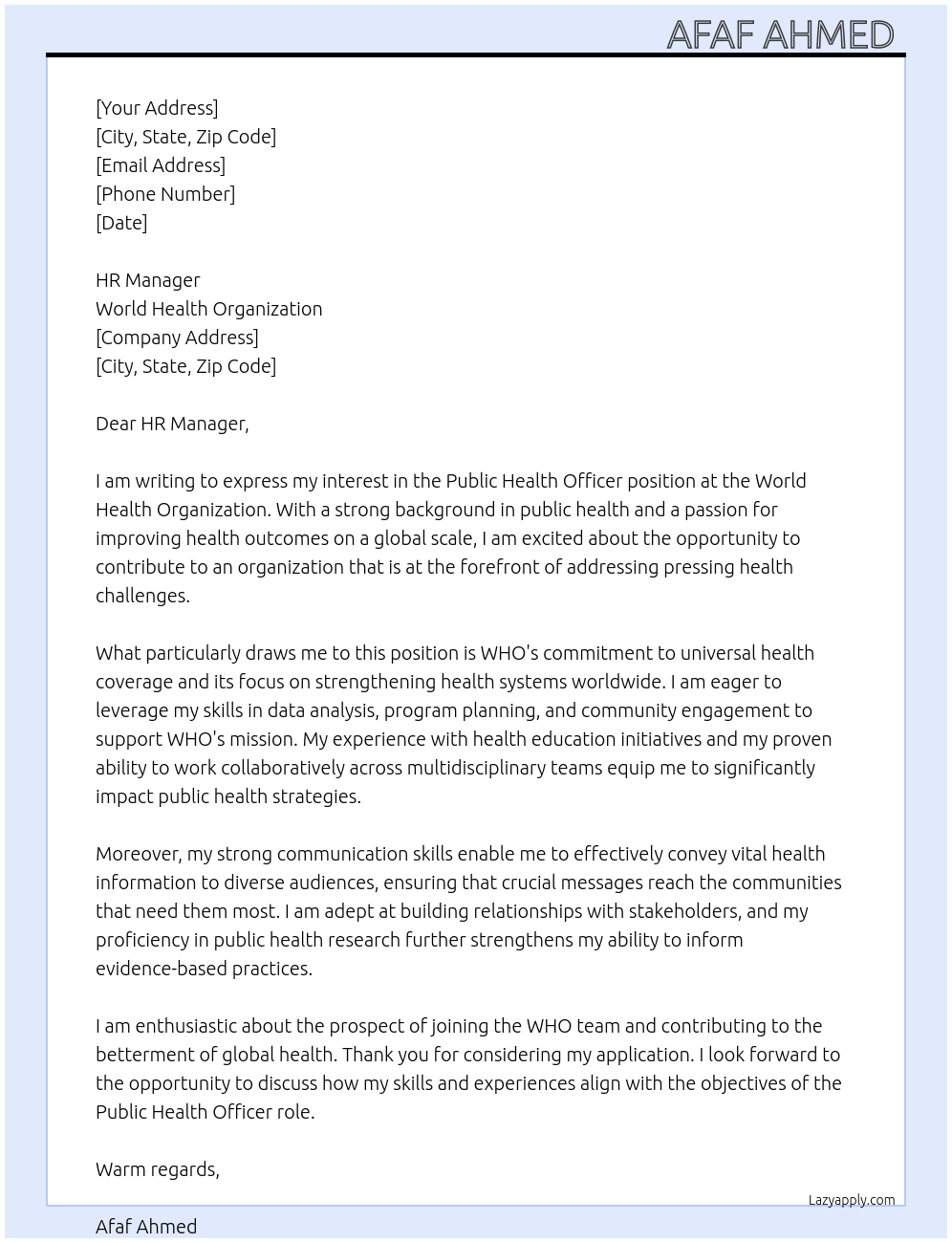 Public health officer At World health organization Cover Letter
