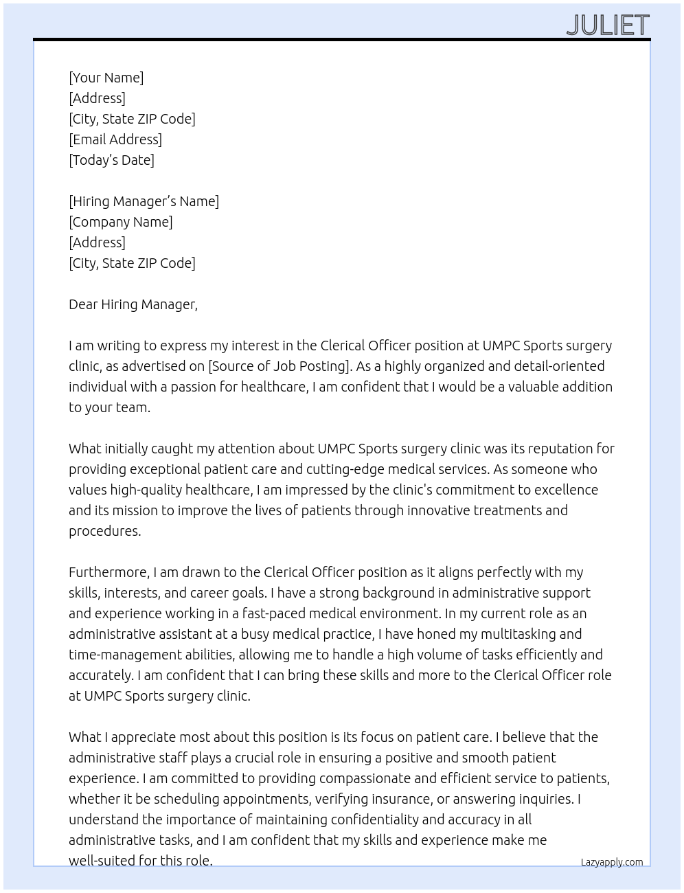 Clerical Officer At UMPC Sports surgery clinic Cover Letter