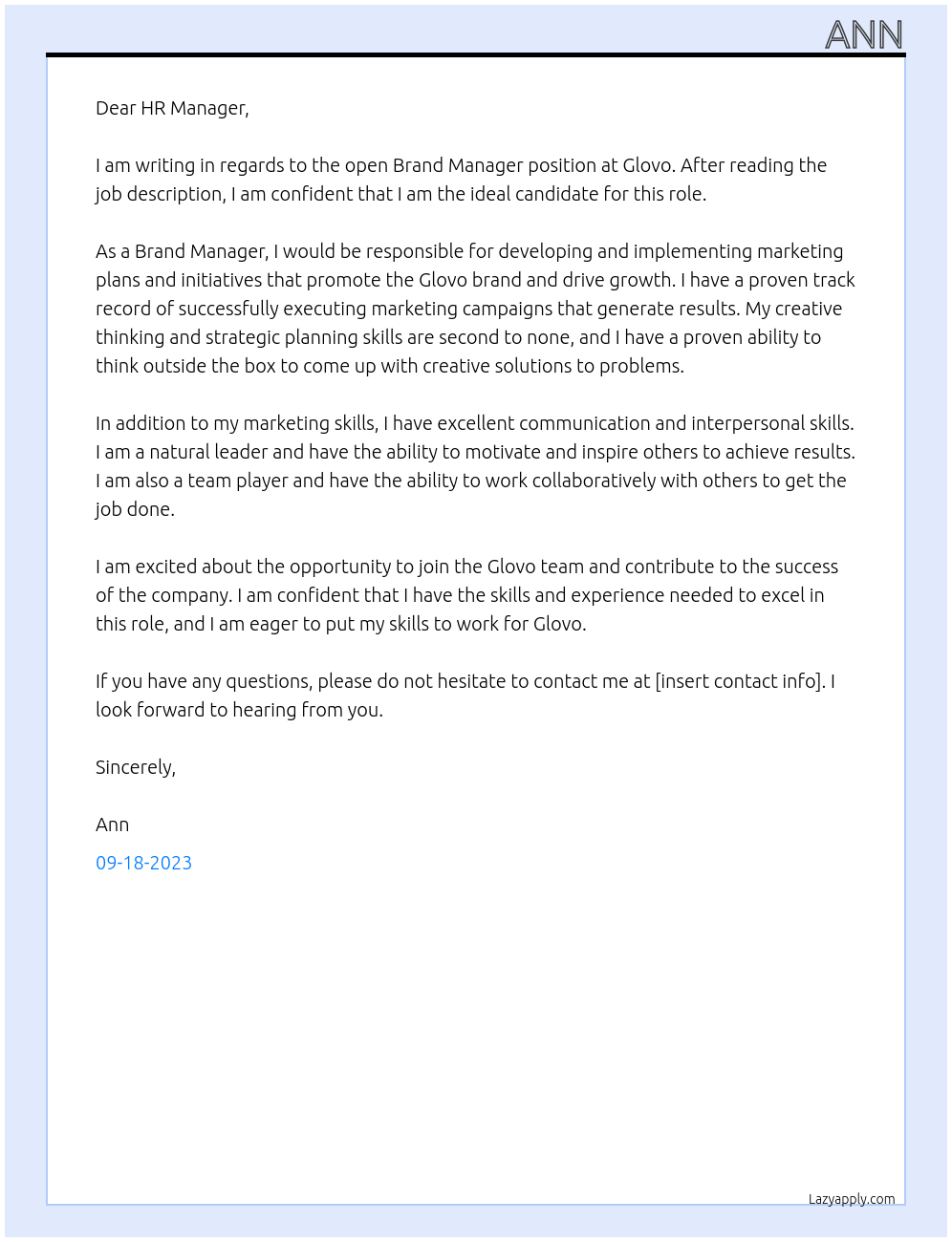 Brand Manager At Glovo Cover Letter