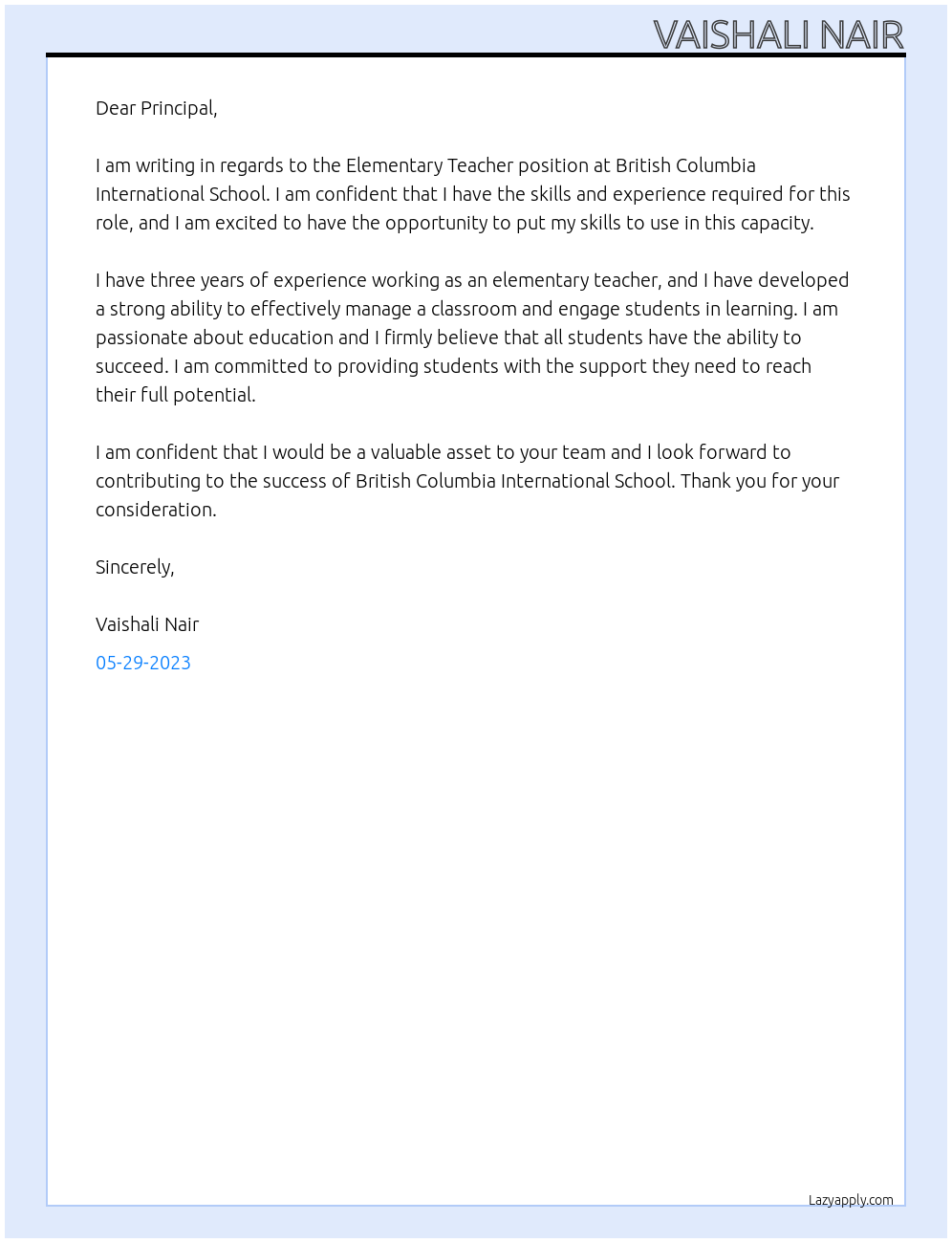 Elementary teacher At British Columbia international school Cover Letter