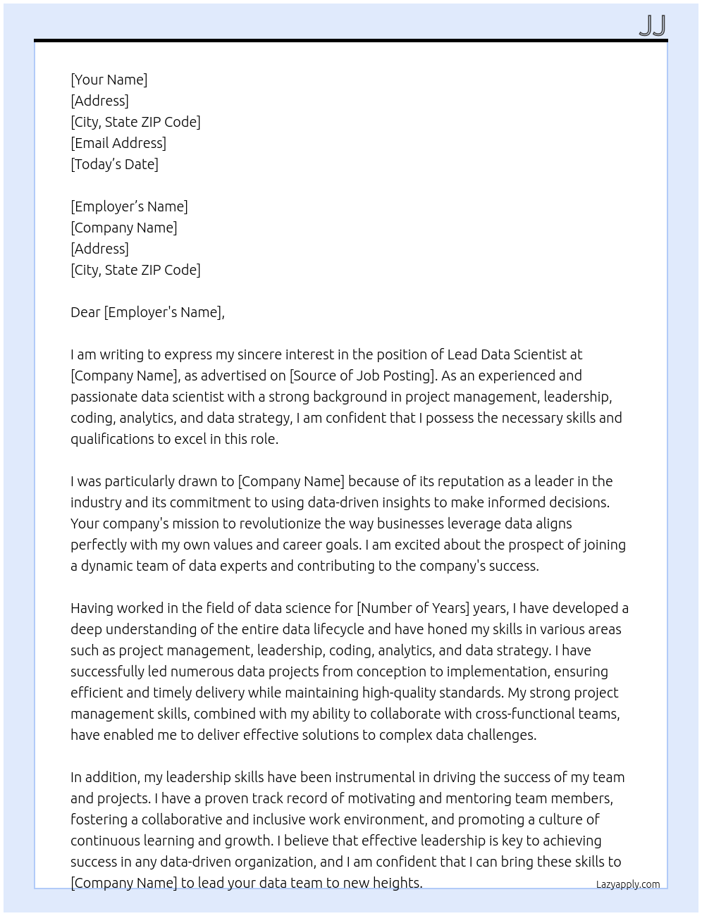 Cover letter for lead data scientist - LazyApply