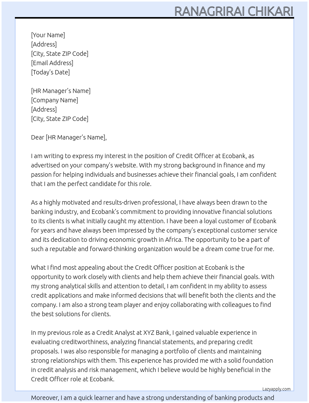 credit officer At Ecobank Cover Letter