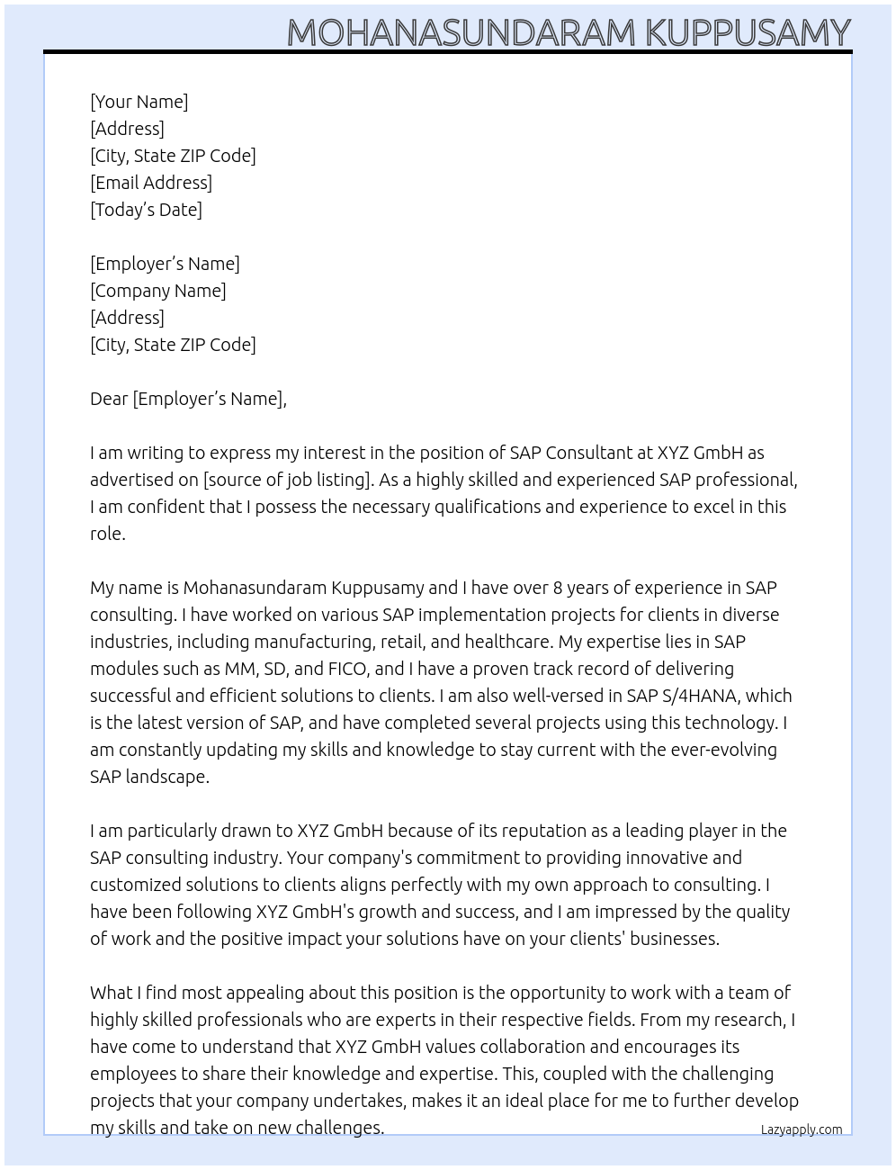 SAP Consultant At xyz gmbh Cover Letter