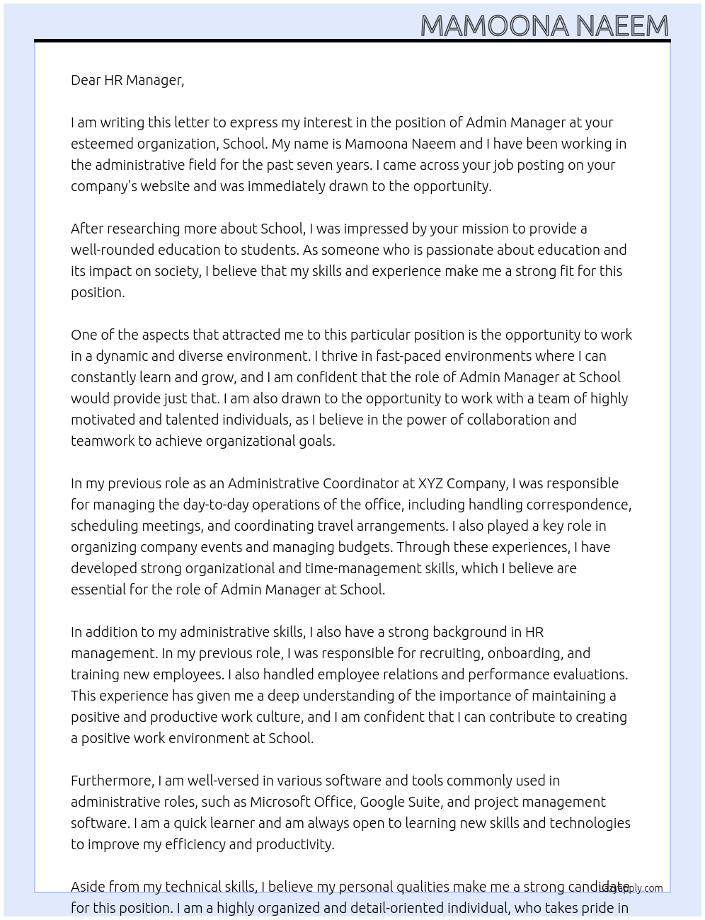 Admin Manager At School Cover Letter