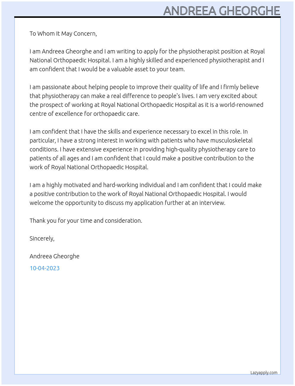 physiotherapist At Royal National Orthopaedic Hospital Cover Letter