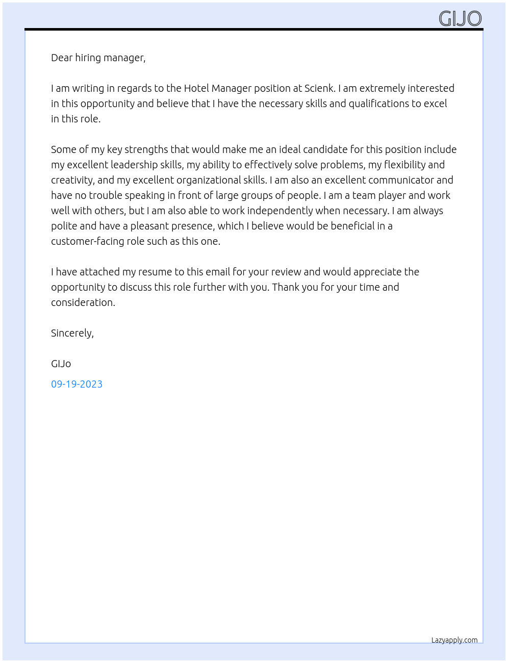 Hotel Manager At Scienk Cover Letter