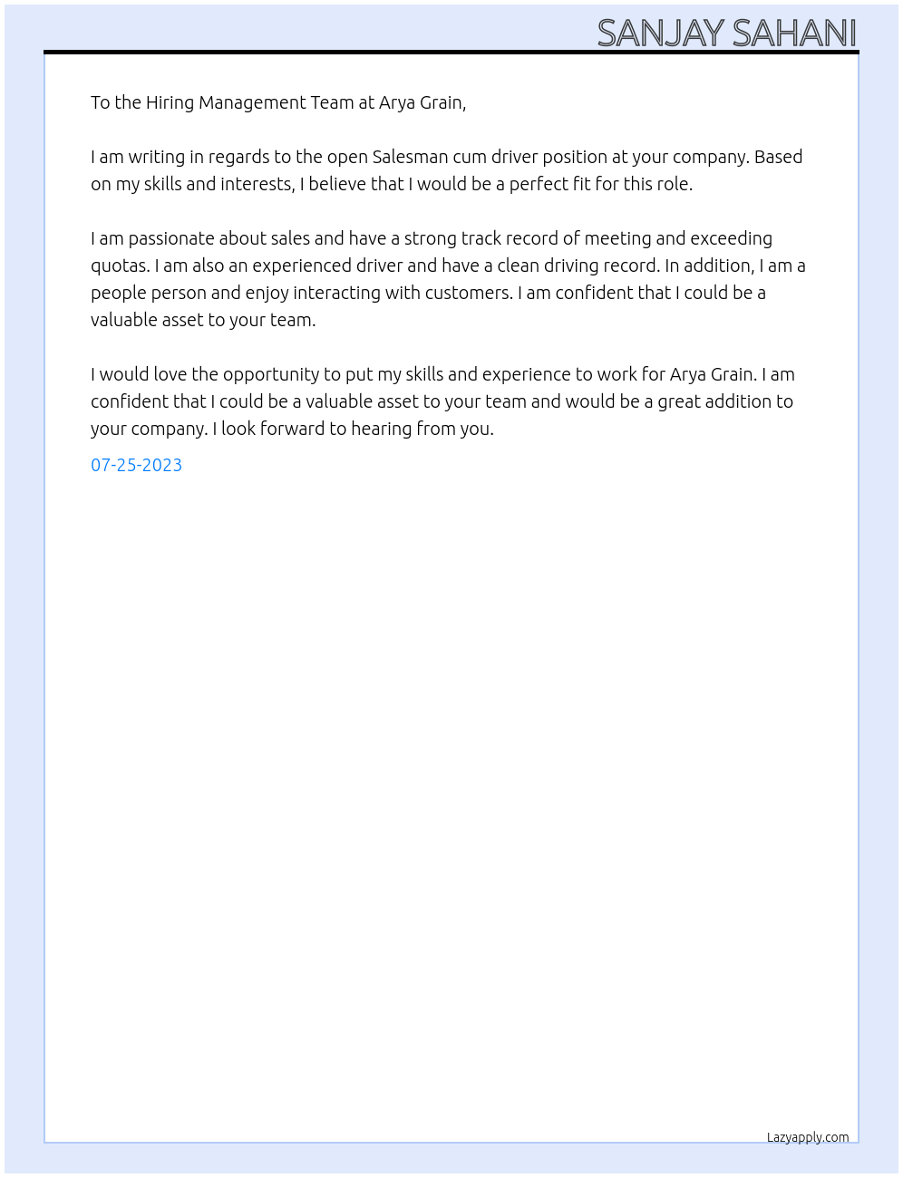 Salesman cum driver At Arya grain Cover Letter