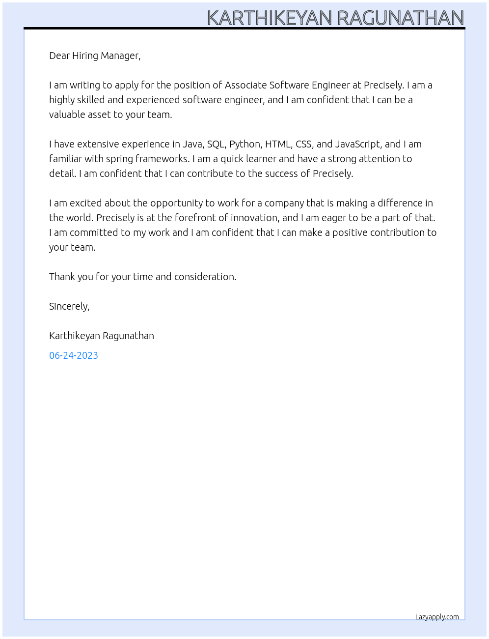 Associate Software Engineer  At Precisely  Cover Letter