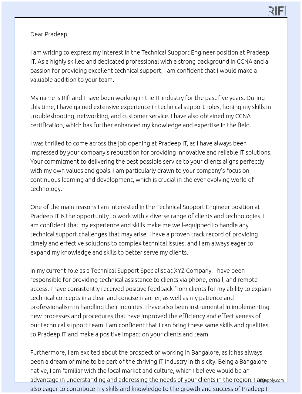 Technical support engineer At Pradeep IT Cover Letter