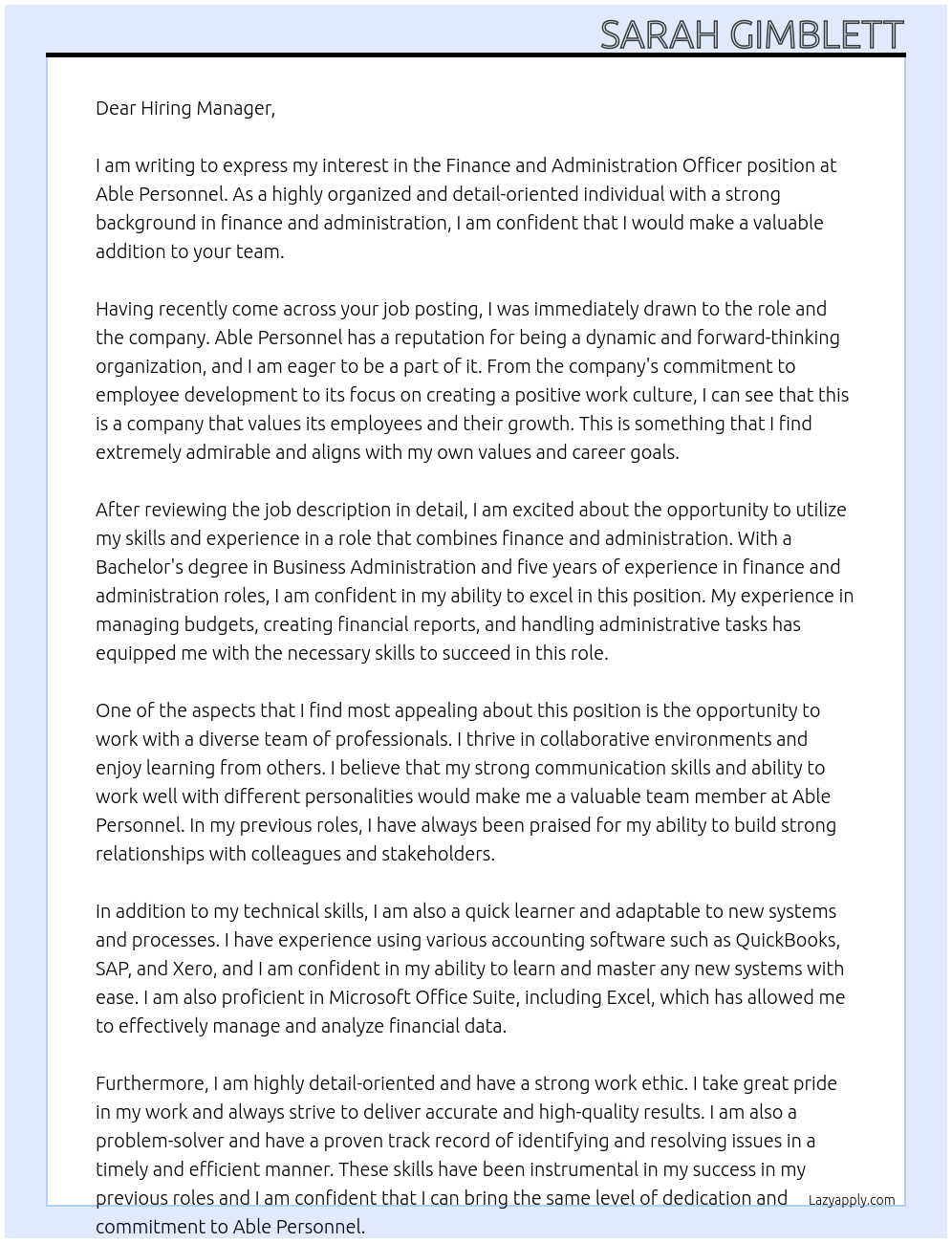 Finance and Administration Officer At Able Personnel Cover Letter