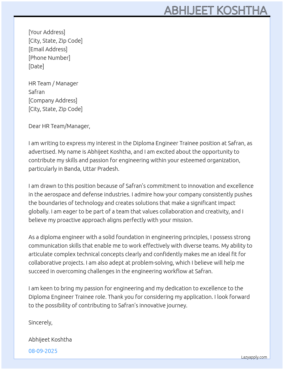 Diploma engineer Trainee  At Safran Cover Letter