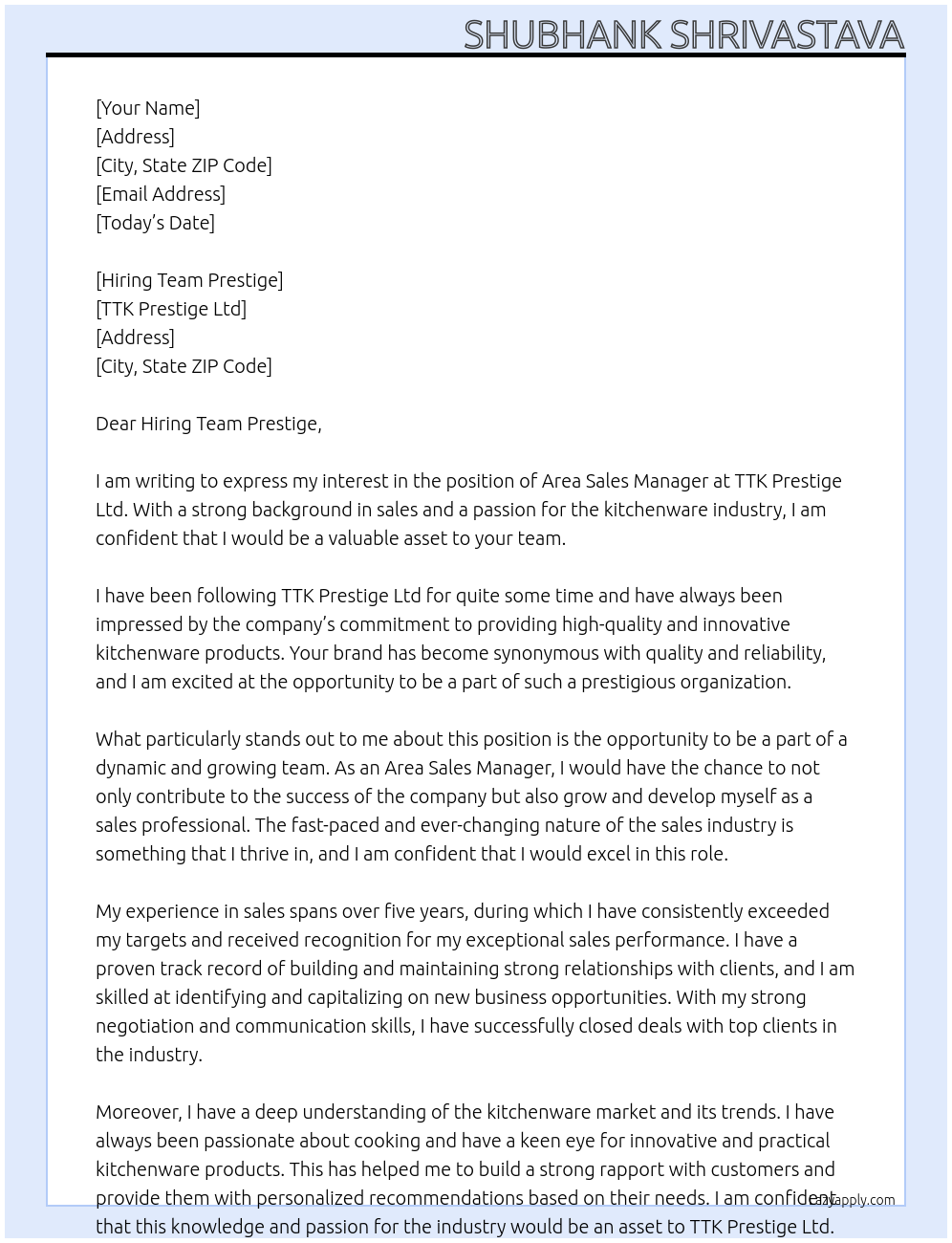 Area Sales Manager At TTK PRESTIGE LTD Cover Letter