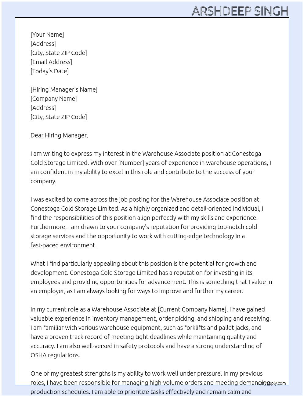 Warehouse Associate At Conestoga Cold Storage limited Cover Letter