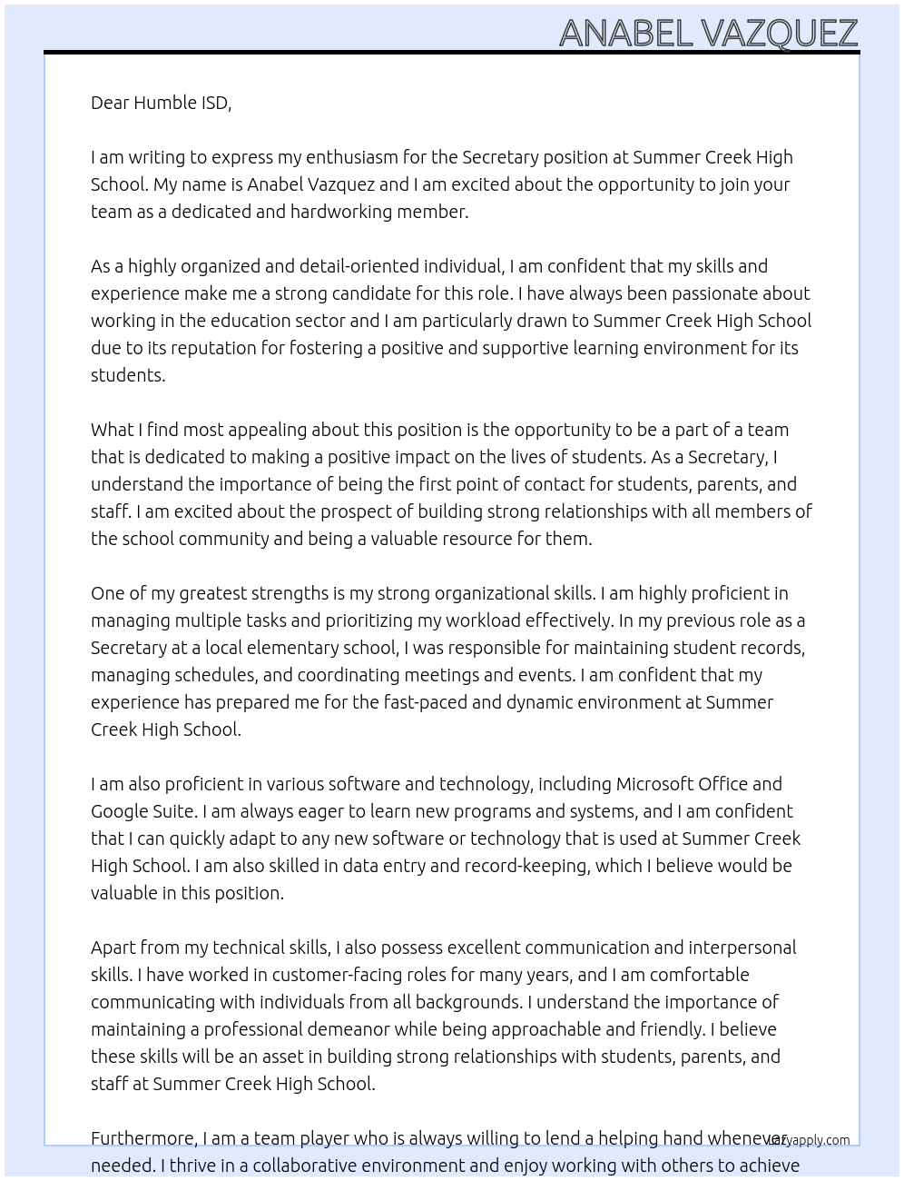 Secretary At Summer Creek High School Cover Letter