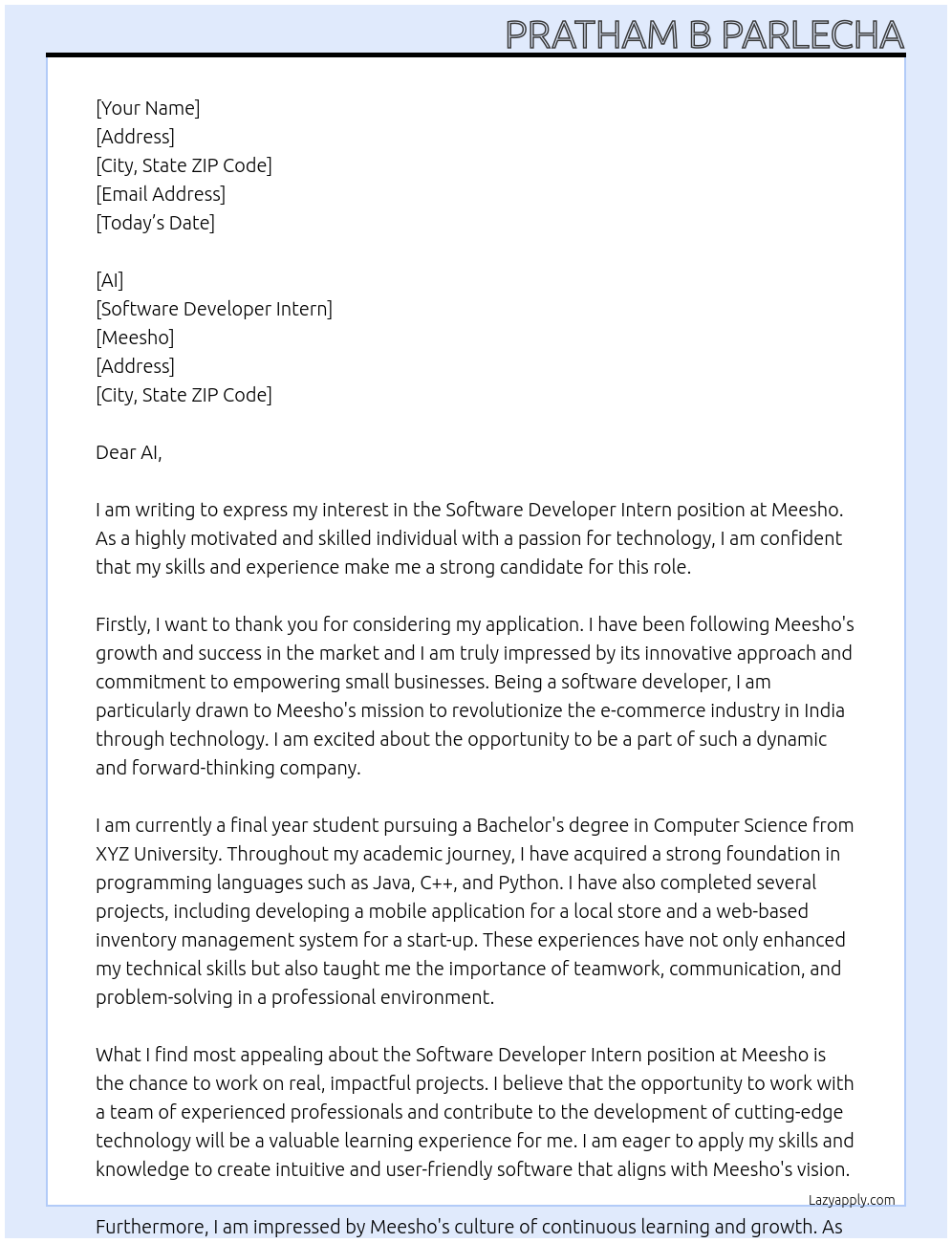 Software developer intern At Meesho Cover Letter