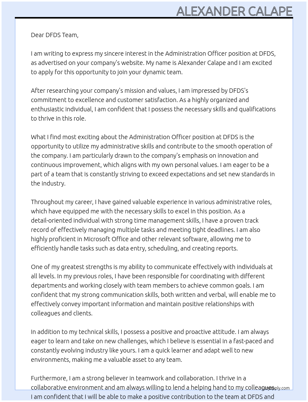 Administration Officer At DFDS Cover Letter