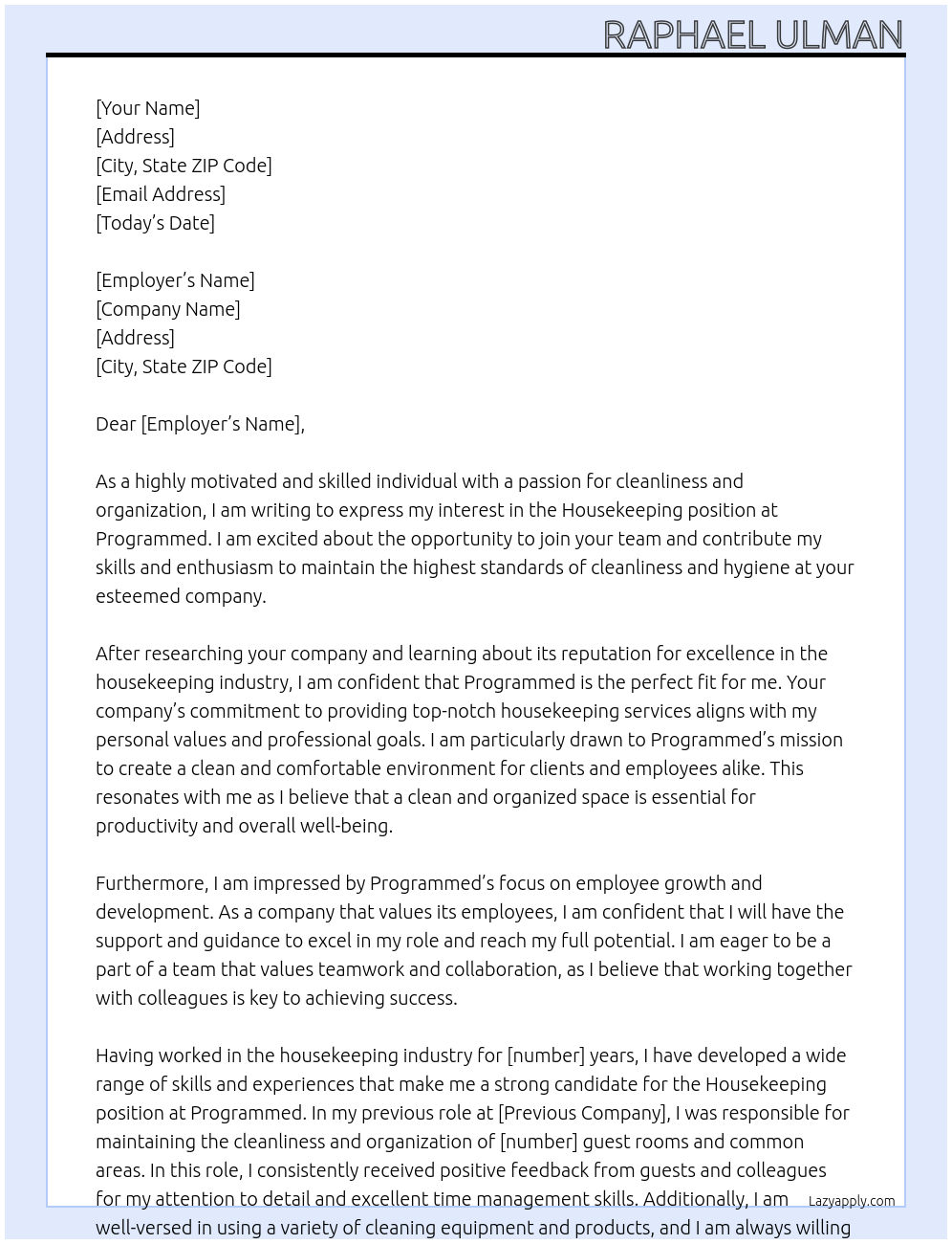 housekeeping At Programmed Cover Letter