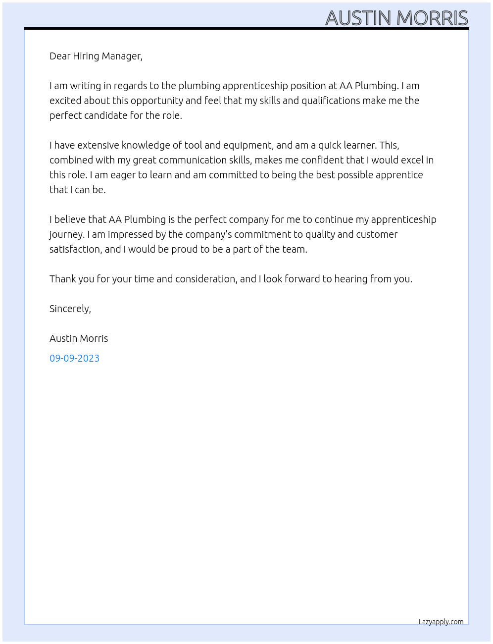 Plumbing apprenticeship At AA Plumbing Cover Letter
