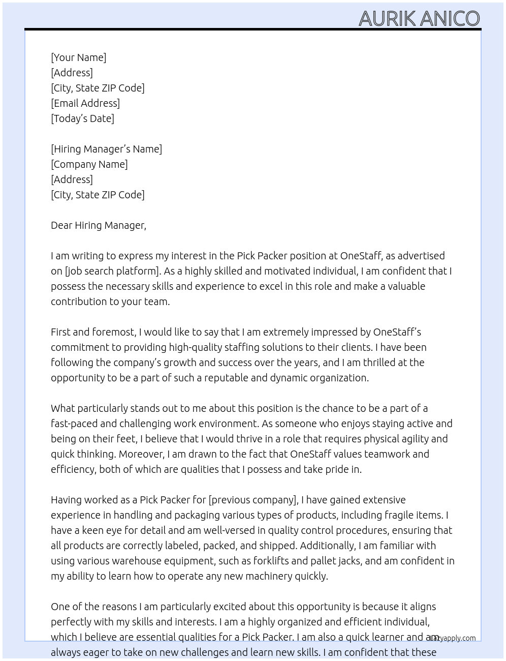 Pick Packer At OneStaff Cover Letter