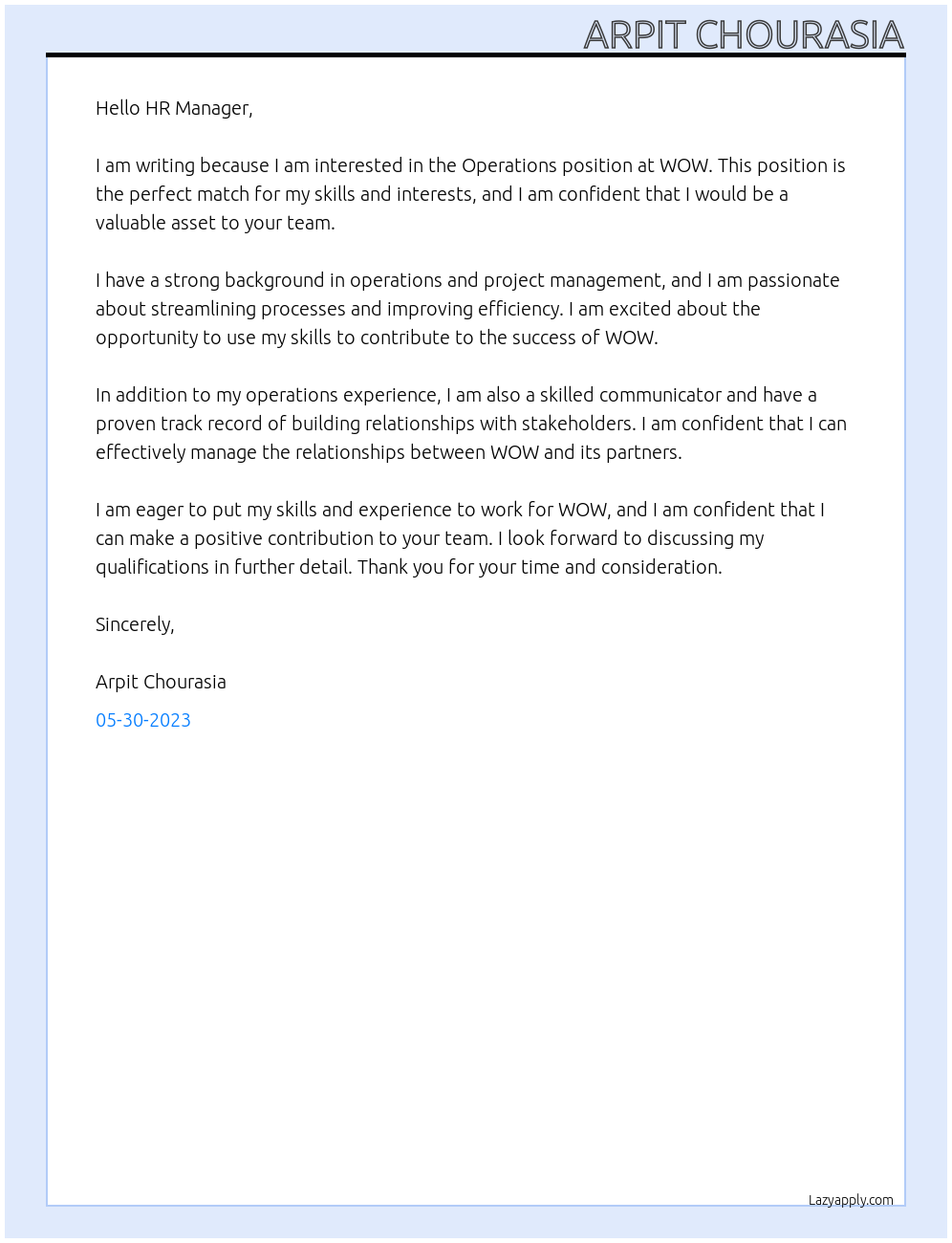 OPERATIONS At WOW Cover Letter