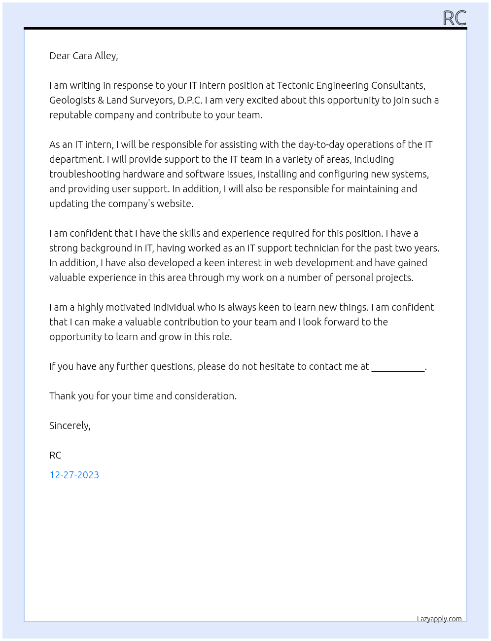 IT intern At Tectonic Engineering Consultants, Geologists & Land Surveyors, D.P.C. Cover Letter