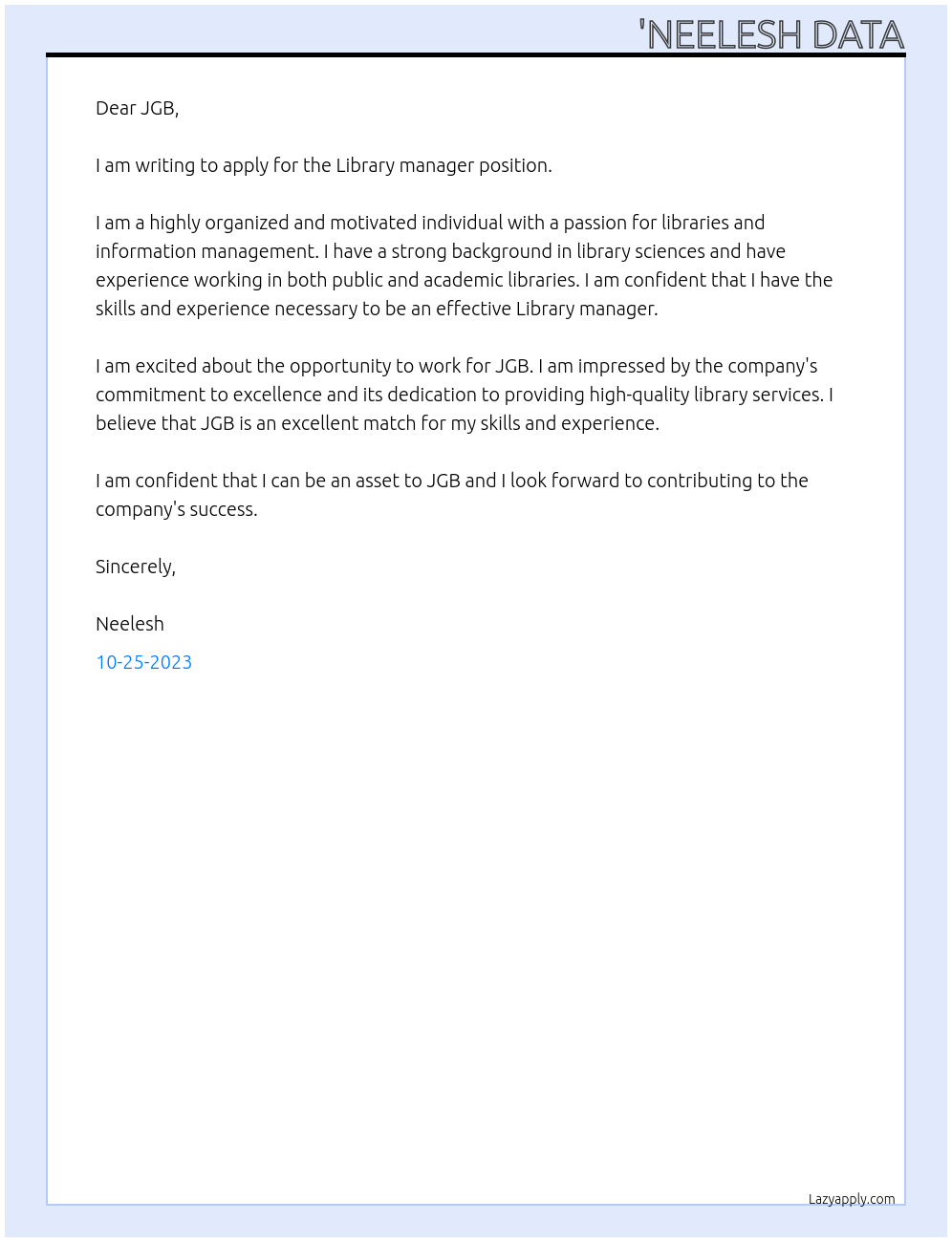 Library manager At JGB Cover Letter