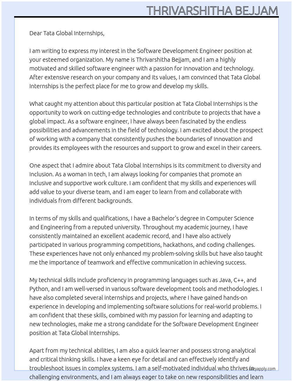 software development engineer At Tata Global Internships Cover Letter