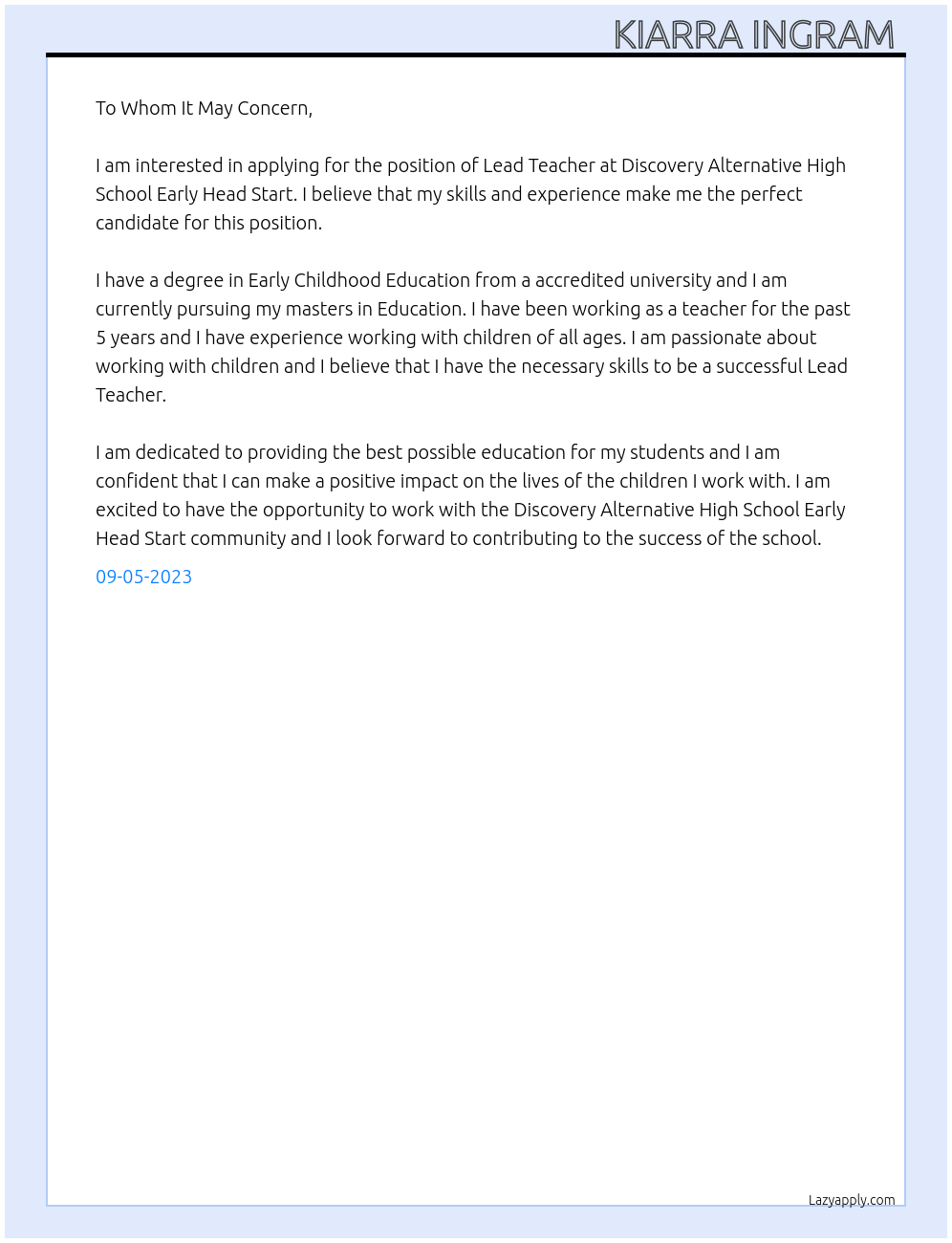 Lead Teacher At Discovery Alternative High School Early Head Start. Cover Letter